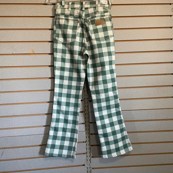 Wrangler Denim - NWTS Wrangler WROCK 672 Green White Gingham Plaid Flare Jeans Size 26 VTG look